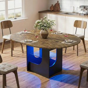 Extendable Round to Oval Dining Table with LED Light & Storage