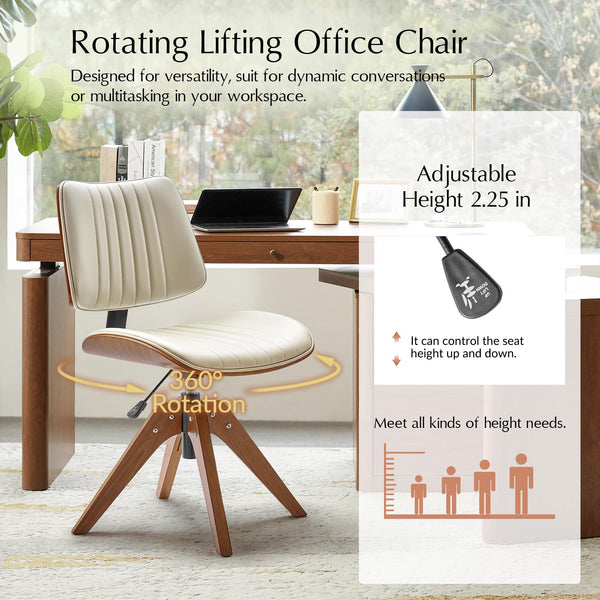 Mid-Century Faux Leather Swivel Desk Chair, Tufted Back, Solid Wood Legs