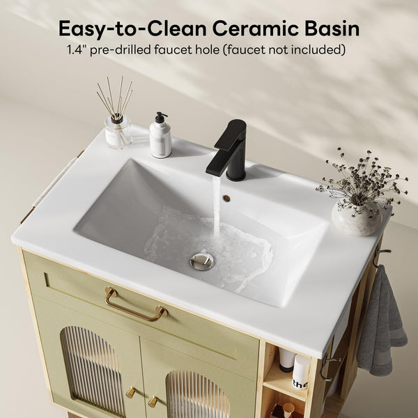 30 Inch Bathroom Vanity with Sink, Arched Glass Door & Ceramic Basin