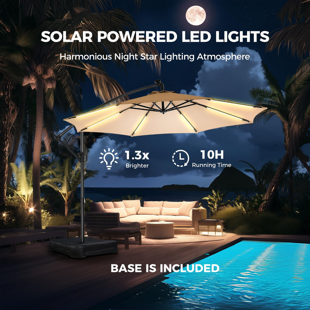 10 ft Offset Patio Umbrella with Solar LED Lights & Base