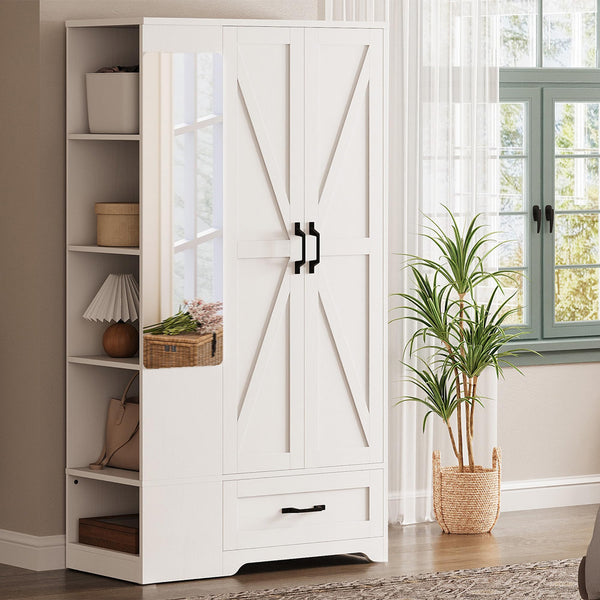 70" Wardrobe Closet with Mirror, Drawer & Side Shelves