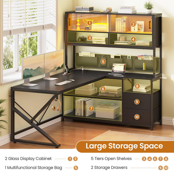 L-Shaped Gaming Desk with Bookshelf, Glass Cabinet, LED Lights, Drawers & Power Strip