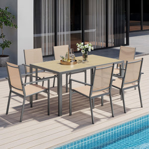 6-Person Outdoor Patio Dining Set with Umbrella Hole – Steel Table & Textilene Chairs