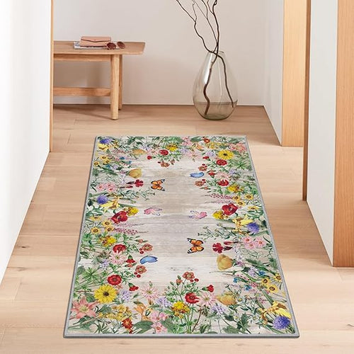 Spring Floral Washable Area Rug – Low Profile Indoor Rug