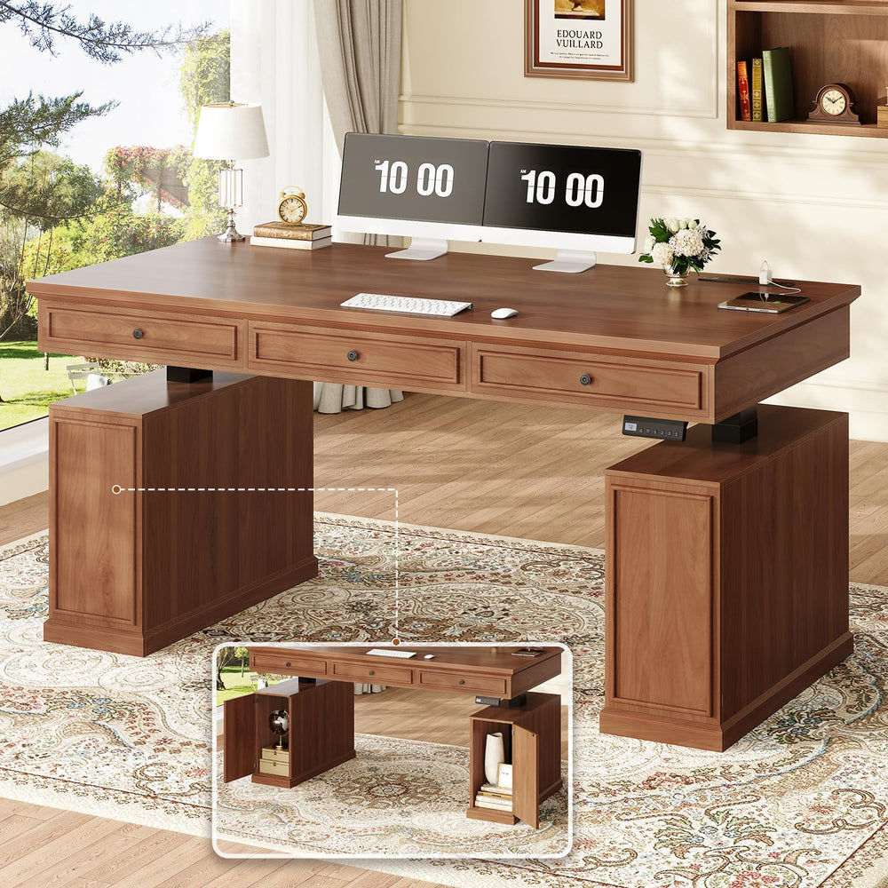 Farmhouse Electric Height-Adjustable Standing Desk with Drawers & Power Outlets