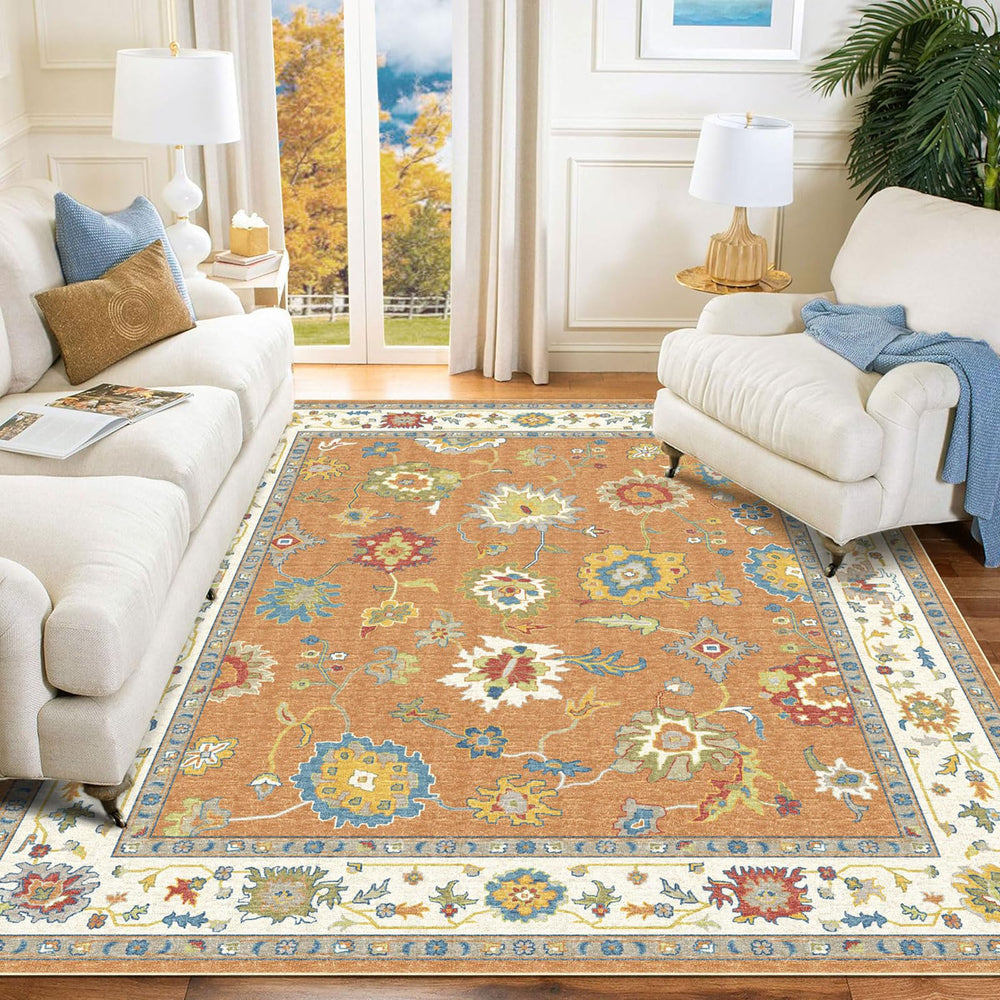 Oushak Washable Area Rug – Orange Ochre Floral, Non-Slip, Machine Washable