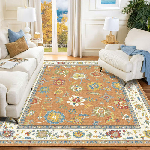 Oushak Washable Area Rug – Orange Ochre Floral, Non-Slip, Machine Washable