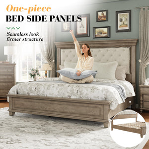 King Bed Frame with Tall Upholstered Headboard – Solid Pine Wood Platform Bed