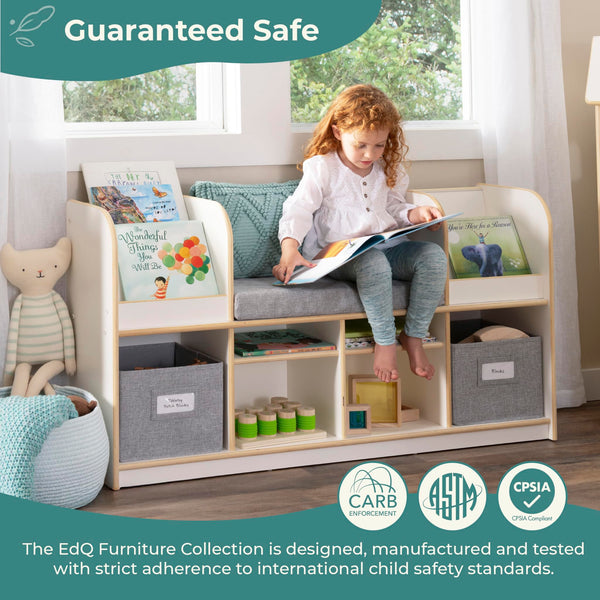 Kids Reading Nook Bookshelf Bench with Storage Bins, Shelves & Seat Cushion
