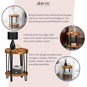 2-Tier Round Acacia Wood & Metal End Table with Bottom Shelf