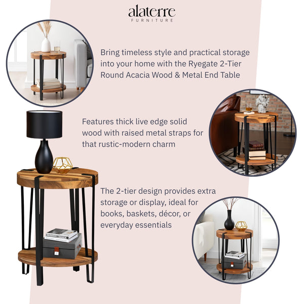 2-Tier Round Acacia Wood & Metal End Table with Bottom Shelf