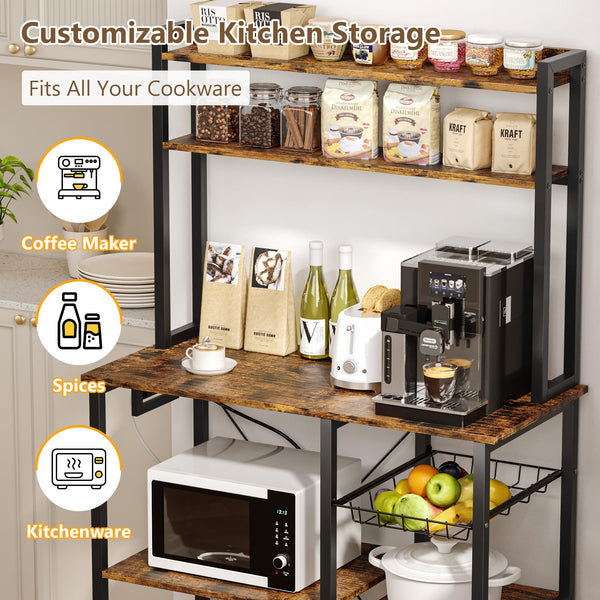Bakers Rack with Power Outlet, Wire Basket & Coffee Bar