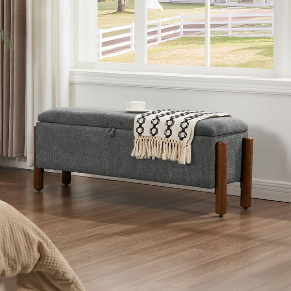 Storage Ottoman Bench with Walnut Legs – 43.7" Upholstered Bedroom Bench