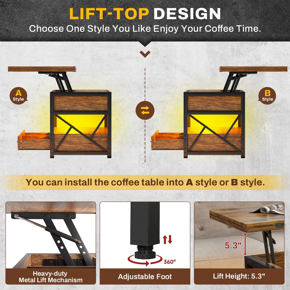Lift Top Coffee Table with Storage, Drawers & LED Light