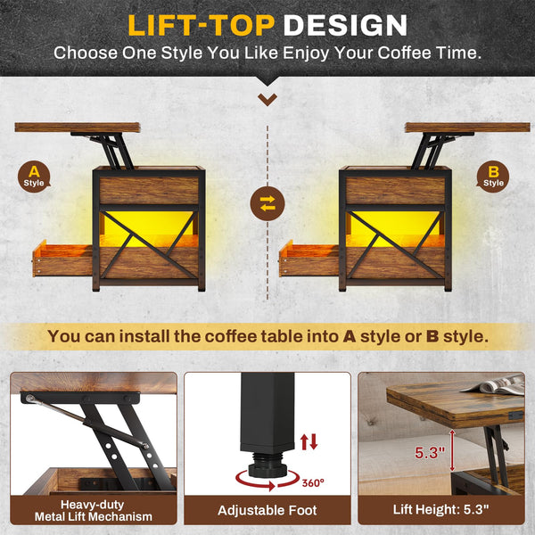 Lift Top Coffee Table with Storage, Drawers & LED Light
