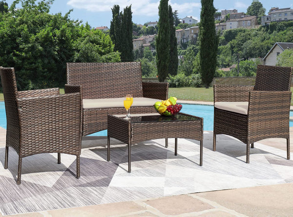 4-Piece Outdoor Wicker Patio Conversation Set with Cushions & Glass Table