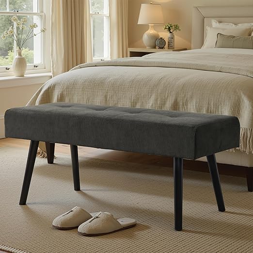 Corduroy Upholstered Entryway Bench with Metal Frame