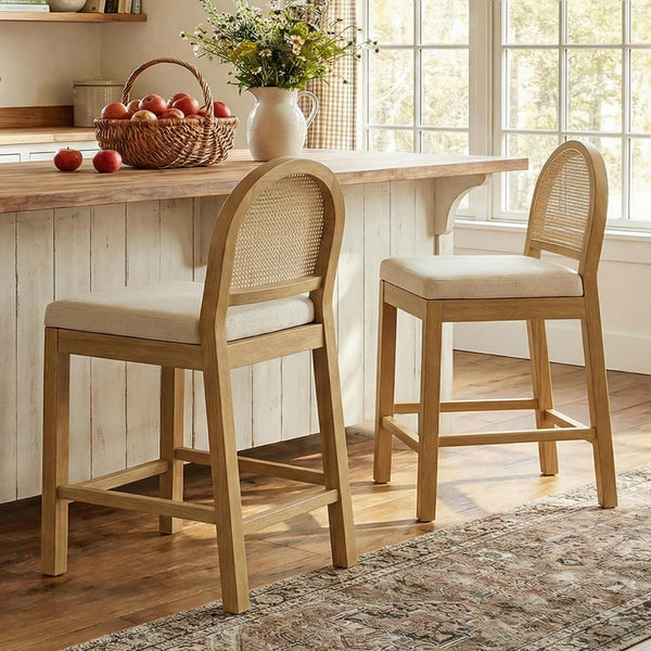 Upholstered Rattan Bar Stools – Solid Wood Counter Height Stools with Chenille Seat