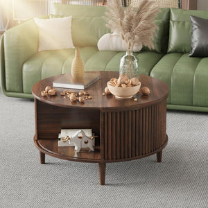 Round Fluted Lift Top Coffee Table with Storage & Sliding Cabinet Door