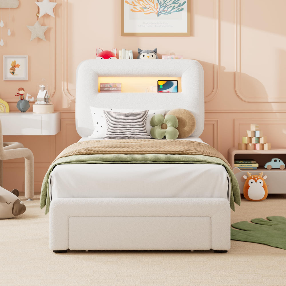 Twin Platform Bed Frame with LED Light, Charging Station, Storage Headboard & Drawer