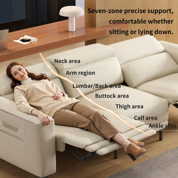 Dual Motor Electric Reclining Sofa with Adjustable Headrest & Footrest – Ivory Leather, USB Charging