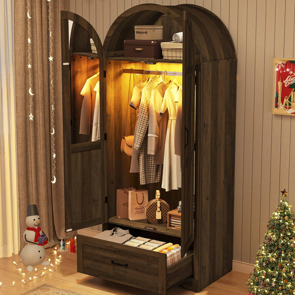 2-Door Arched Armoire Wardrobe with Mirror, Lights & Drawers