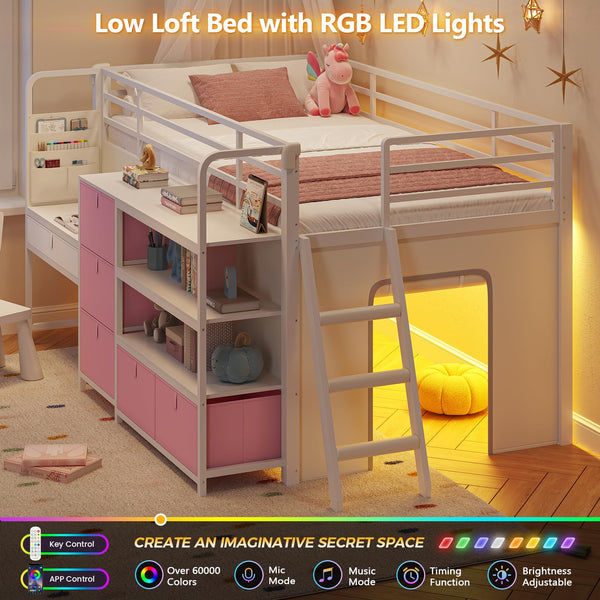 Twin Low Loft Bed with Desk, Storage Drawers, Bookshelf & LED Lights