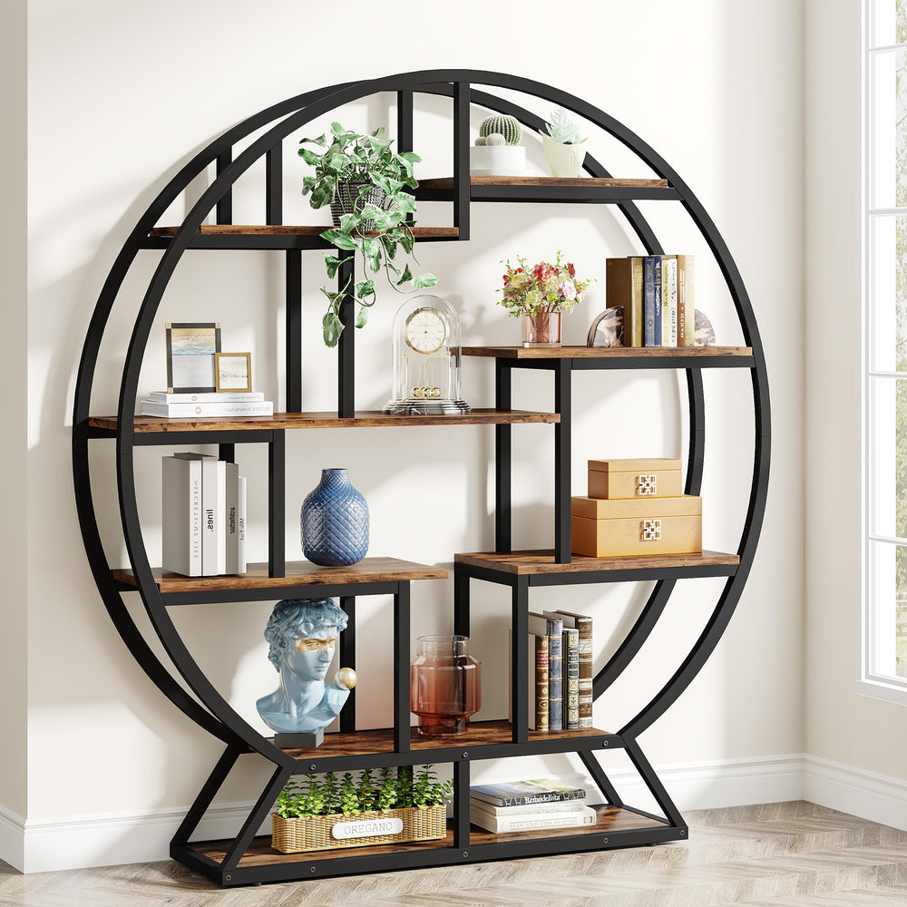 Round Etagere Bookcase with Staggered Shelves, 63" Industrial Bookshelf