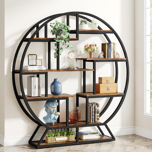 Round Etagere Bookcase with Staggered Shelves, 63" Industrial Bookshelf