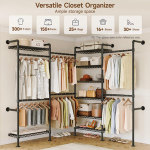 Wall Mounted Industrial Pipe Clothing Rack with 6 Rods & 8 Shelves