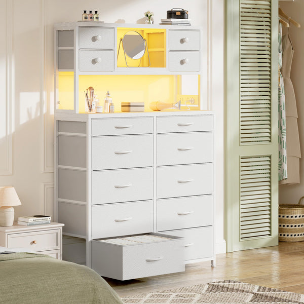 62.8" H Bedroom Dresser with 14 Fabric Drawers, LED Lights & Charging Station