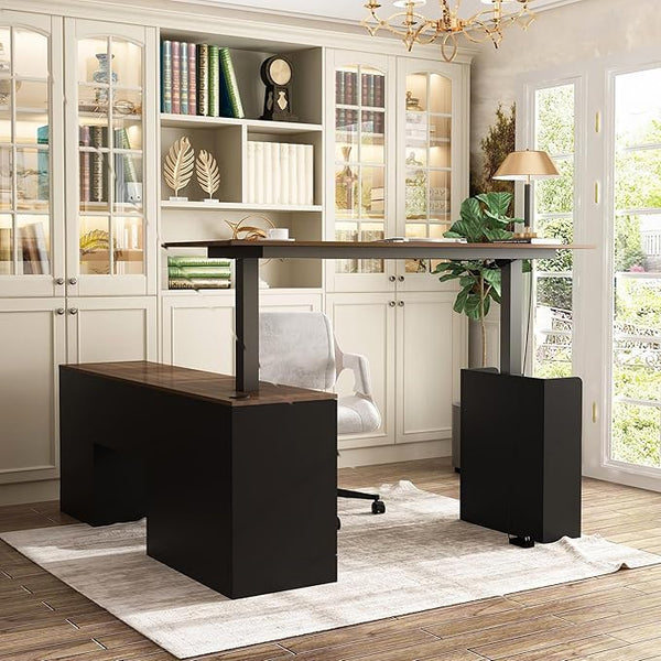 L-Shaped Electric Standing Desk with Drawers and Shelves, 63"