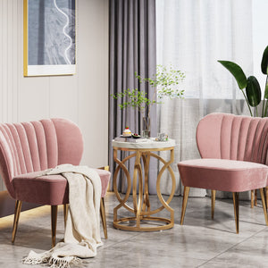 Round End Table Set of 2 – Faux Marble White & Gold Metal Base