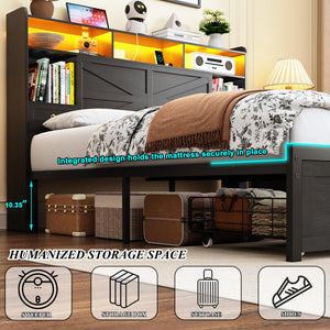 Platform Bed Frame with LED Lights, Storage Headboard & Charging Station