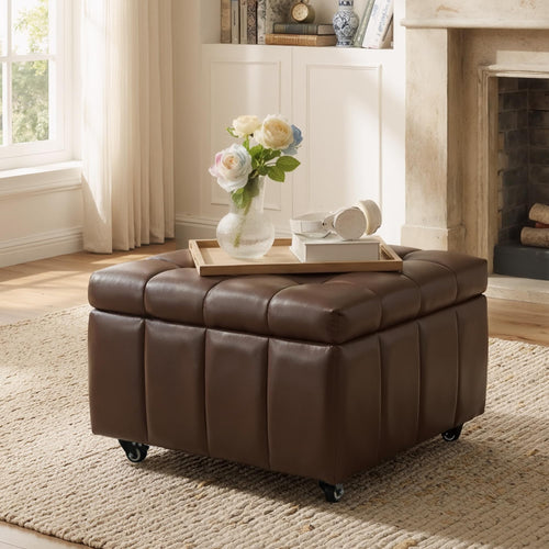 Square Storage Ottoman with Wheels & Faux Leather Lid