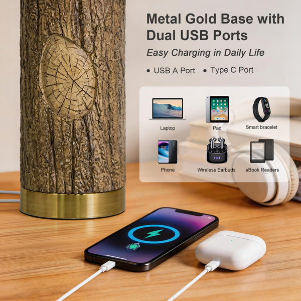 Rustic Farmhouse Table Lamp Set with USB Charging Ports