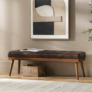 55.5" Genuine Leather Tufted Bench with Solid Wood Legs