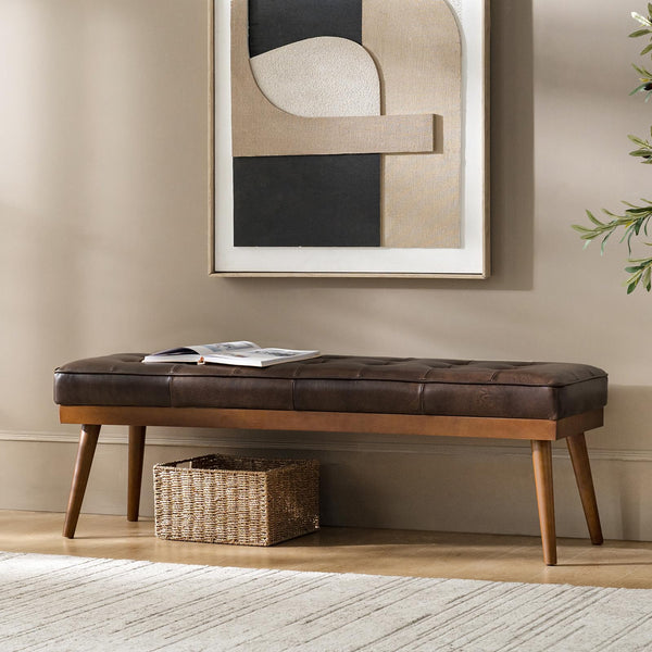55.5" Genuine Leather Tufted Bench with Solid Wood Legs