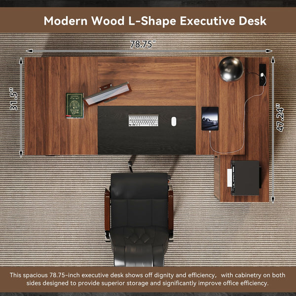 78-Inch L-Shaped Executive Desk with Storage Cabinet, Power Outlet & File Cabinet