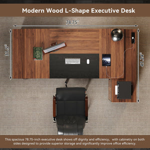 78-Inch L-Shaped Executive Desk with Power Outlet, Drawers & Storage Cabinet