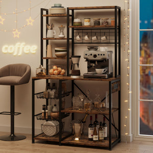 Baker's Rack with Power Outlet & Wire Basket, 7-Tier Kitchen Storage Shelf