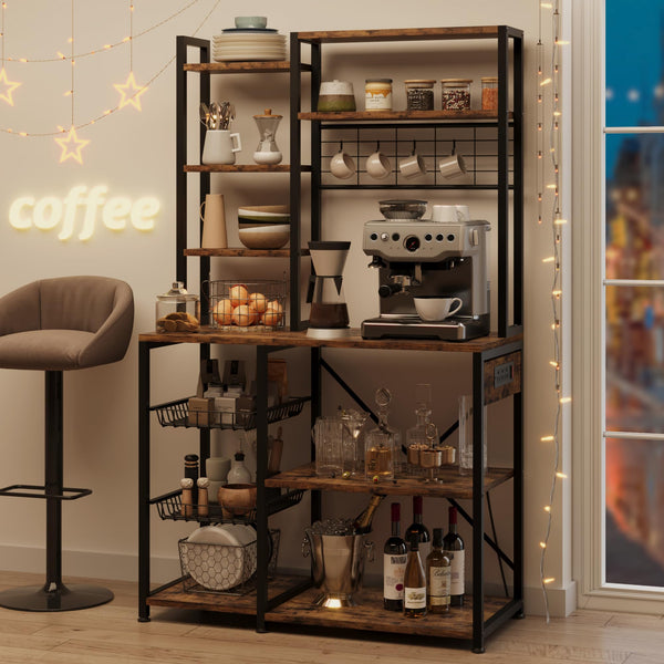 Baker's Rack with Power Outlet & Wire Basket, 7-Tier Kitchen Storage Shelf