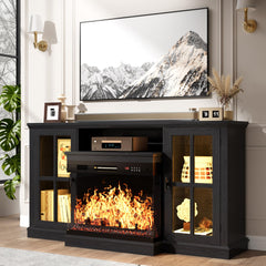 Fireplace TV Stand with 3-Sided Glass & LED Lights
