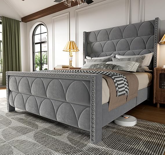 Velvet Wingback Platform Bed Frame with 56" Headboard