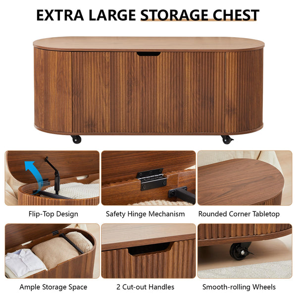 Fluted Oval Storage Bench with Lift Top & Wheels