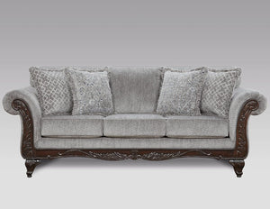 3-Seat Chenille Sofa with Carved Wood Frame