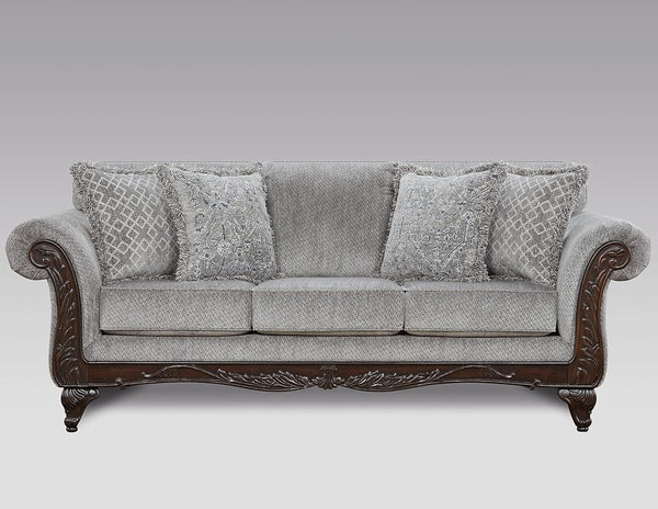 3-Seat Chenille Sofa with Carved Wood Frame