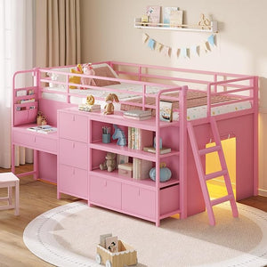 Low Loft Bed with Desk, Storage Drawers & LED Lights – Twin