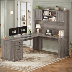 L-Shaped Executive Office Desk with Hutch, Drawers & Power Outlets – 68.9"
