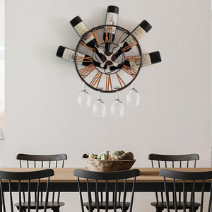 Wall-Mounted Clock Wine Rack with Stemware Holder